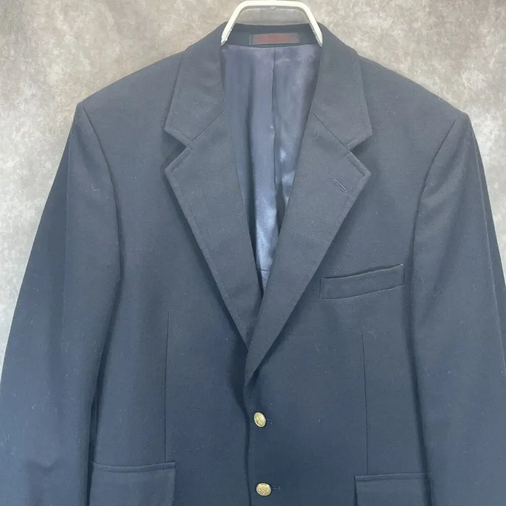 Vintage Savile Row Men 40R Navy Sport Coat Gold Button Wool Blend Blazer Classic